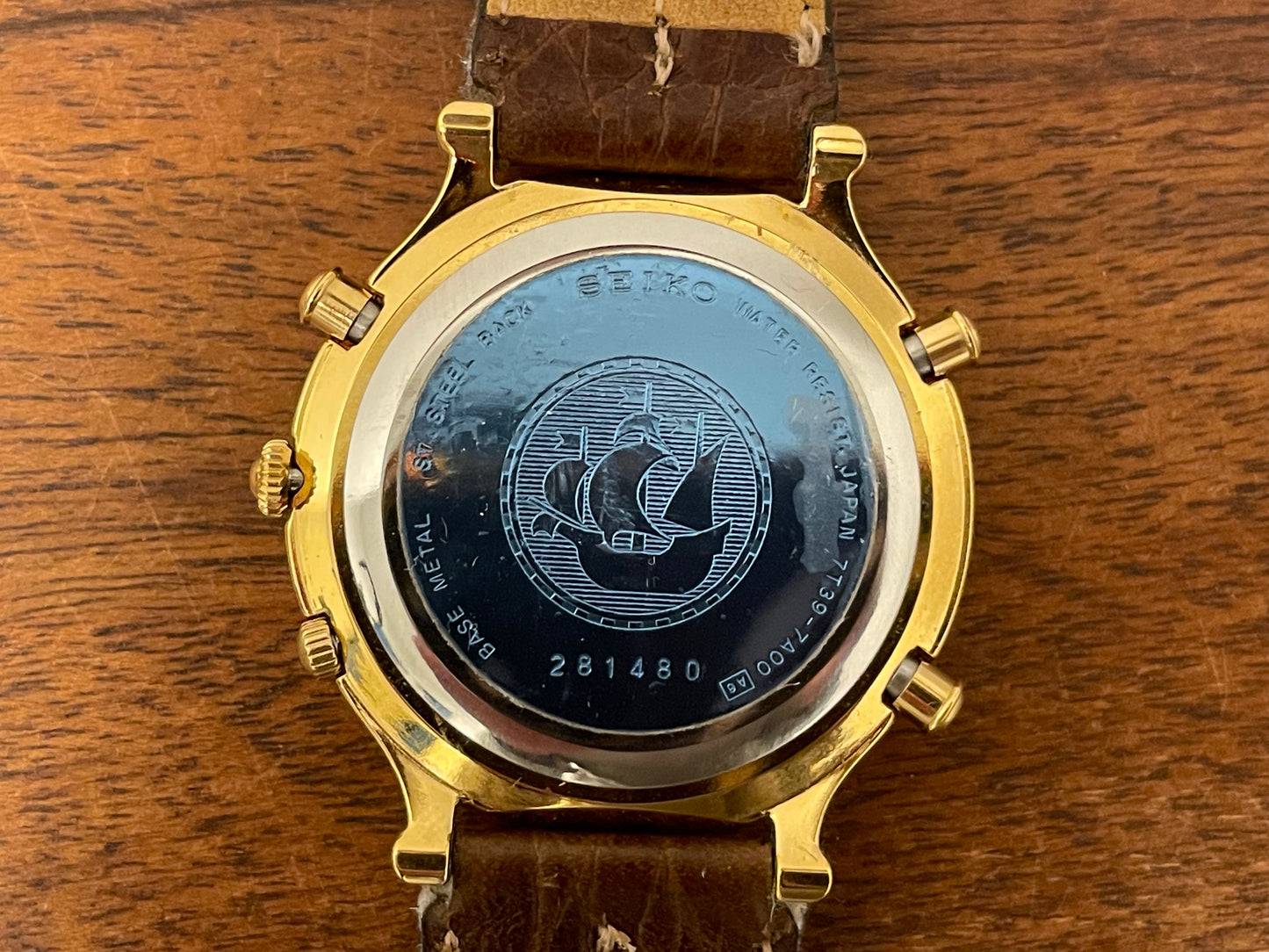 (1992) Seiko 7T39-7A00 Age of Discovery (AOD) chronograph -  gold case w/ white speckled dial (NOS)