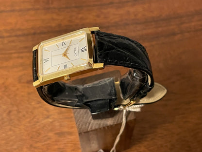 (1990s) Seiko 7N01-0BA8 18K gold collection "tank" - 18k solid gold case - white & cream dial (NOS + full set)