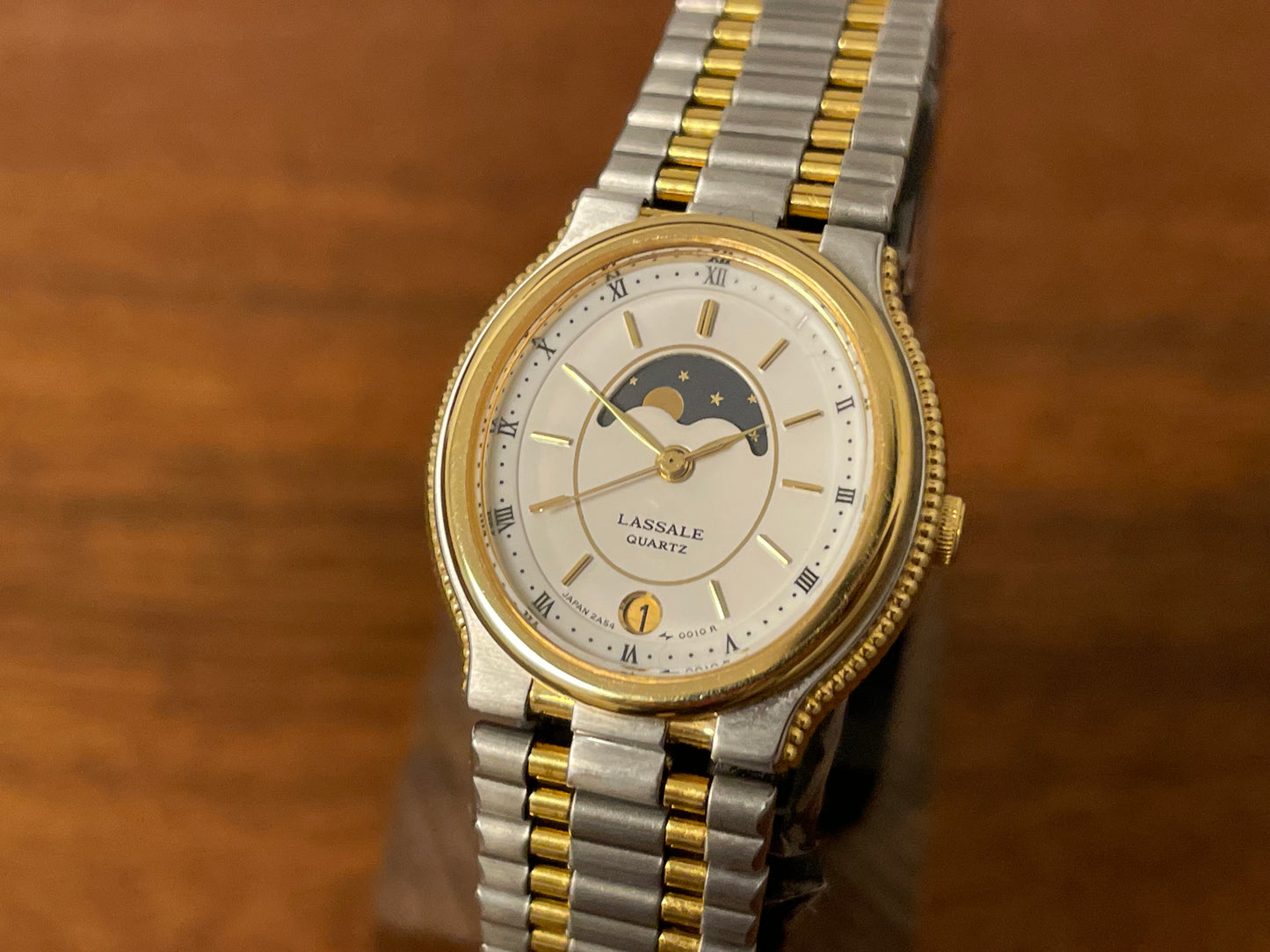 (1985) Lassale (by Seiko) 7454-5009 dress watch - white dial w/ moonphase complication (NOS)
