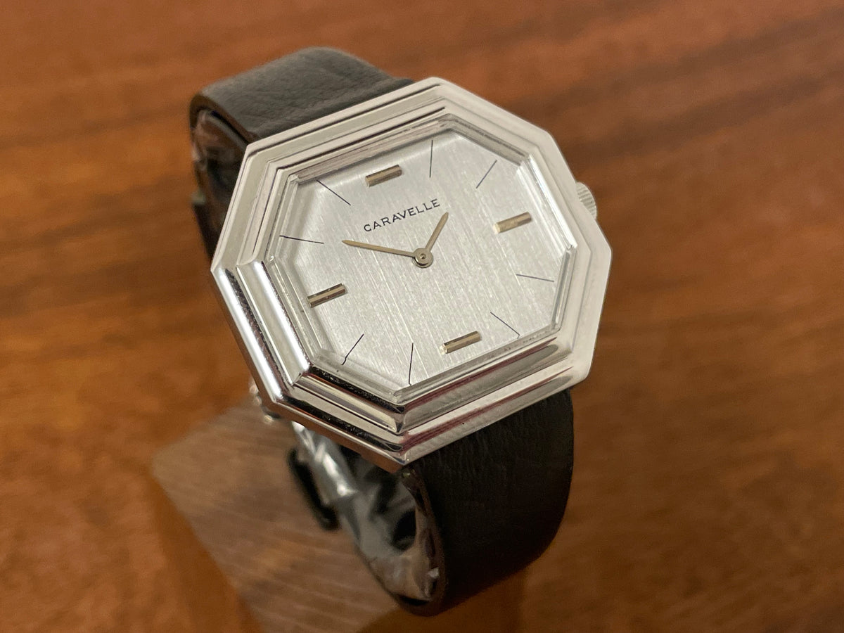 (1974) Caravelle dress watch - octagon case - brushed silver dial w/ stick markers (mint)