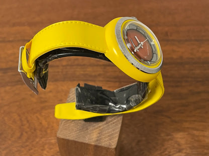 (1970s) Timex 290-071 UFO - yellow plastic case - brown dial w/ silver markers - small size (NOS + full set)