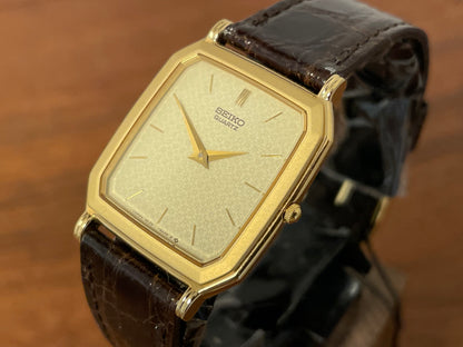 (1987) Seiko 5E20-5A00 "Tank" dress watch - champagne patterned dial w/ gold markers (NOS)