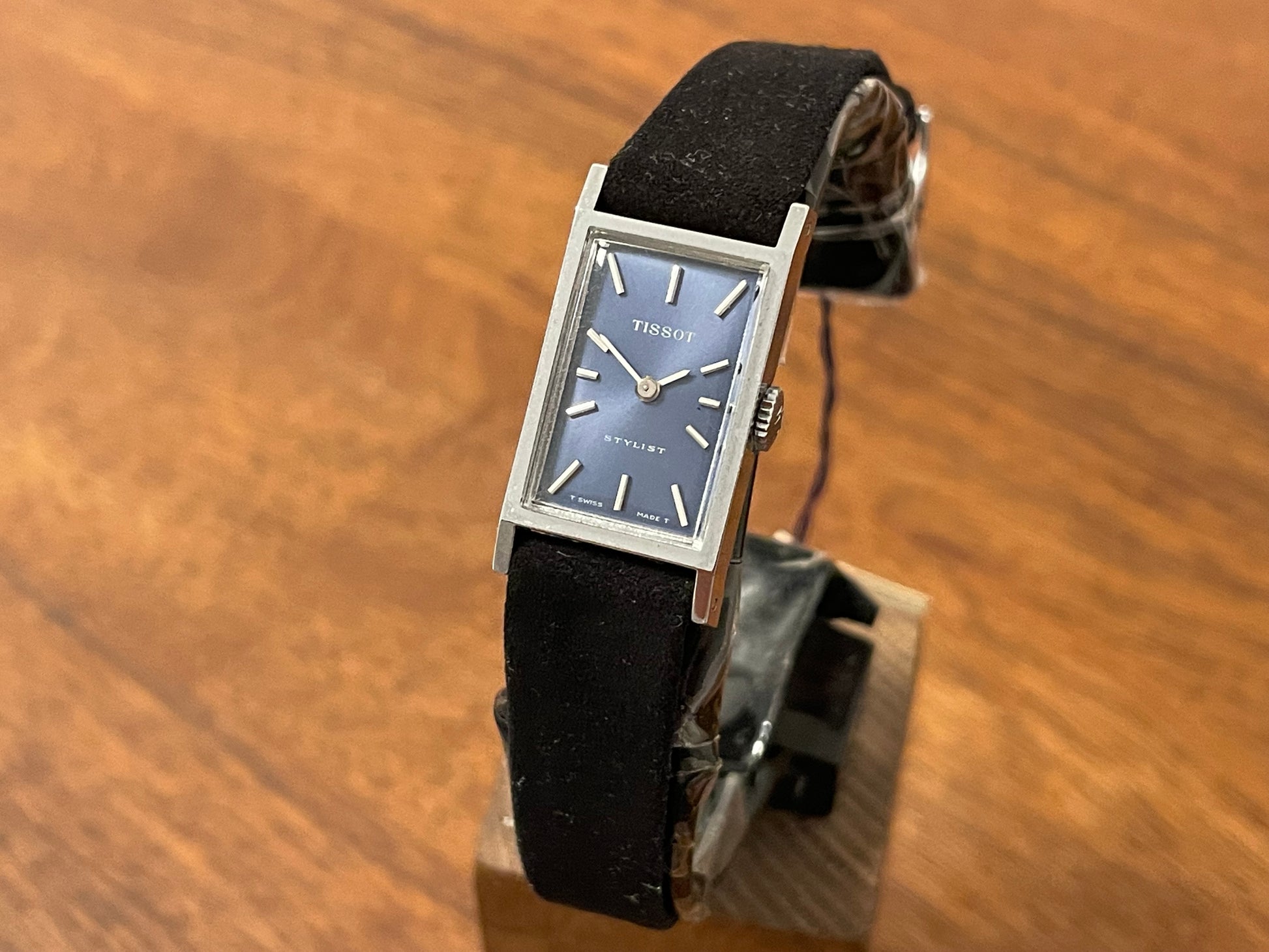 Front side (1970s) Tissot Stylist “Tank” dress watch - blue sunburst dial w/ silver stick markers - small size (NOS)