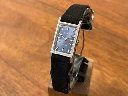Front side (1970s) Tissot Stylist “Tank” dress watch - blue sunburst dial w/ silver stick markers - small size (NOS)