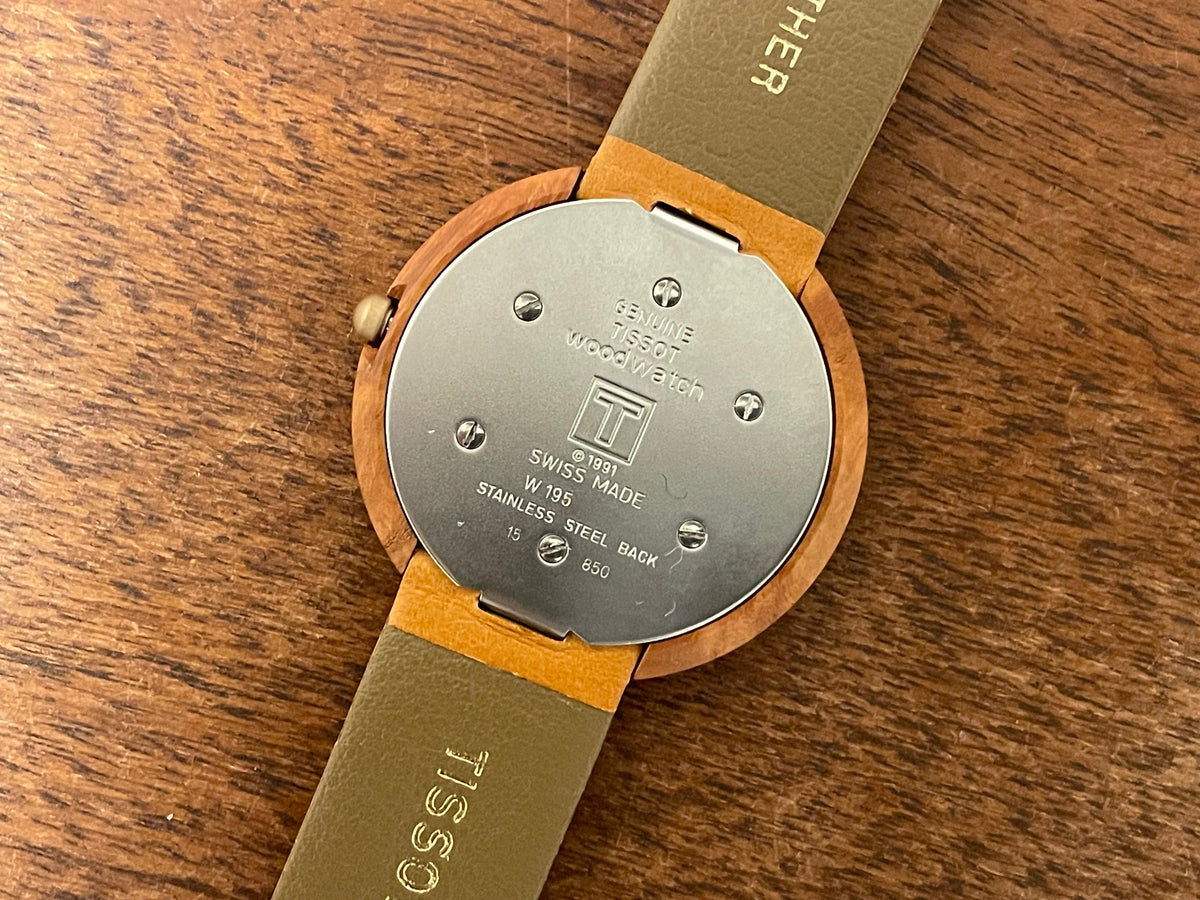 (1990s) Tissot WoodWatch W195 - Mediterranean Briar case & dial w/ gold colored inlay - forest cabin (NOS)