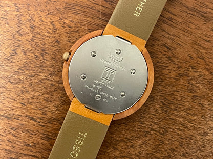 (1990s) Tissot WoodWatch W195 - Mediterranean Briar case & dial w/ gold colored inlay - forest cabin (NOS)