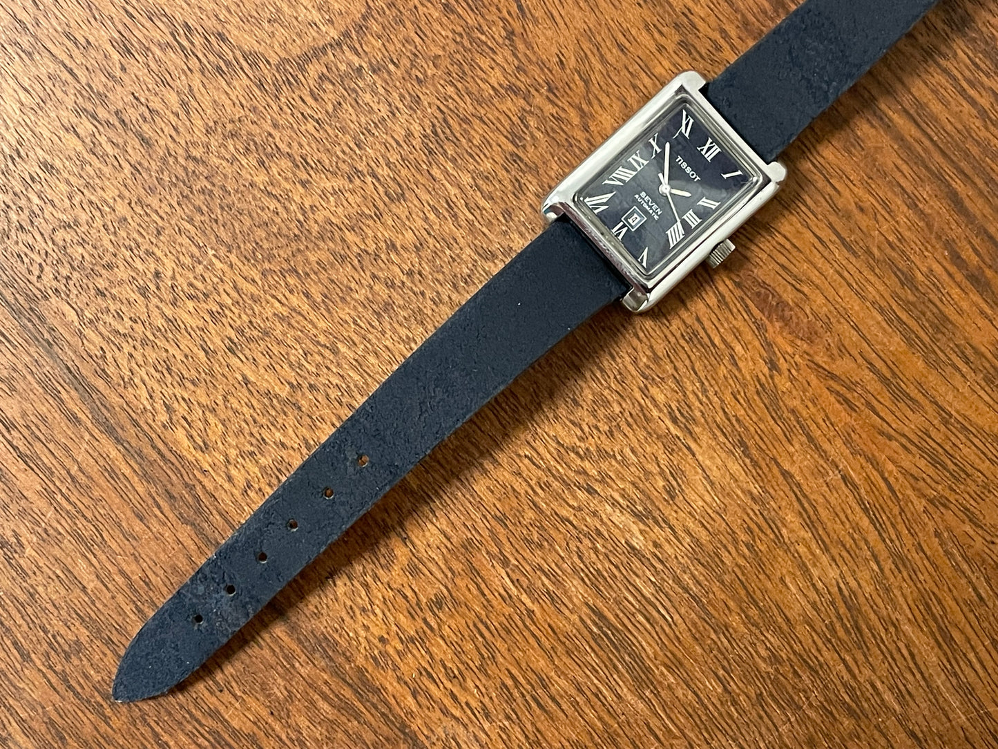 (1970s) Tissot Seven automatic "Tank" - lavender abstract graphic dial w/ white Roman numerals (NOS)