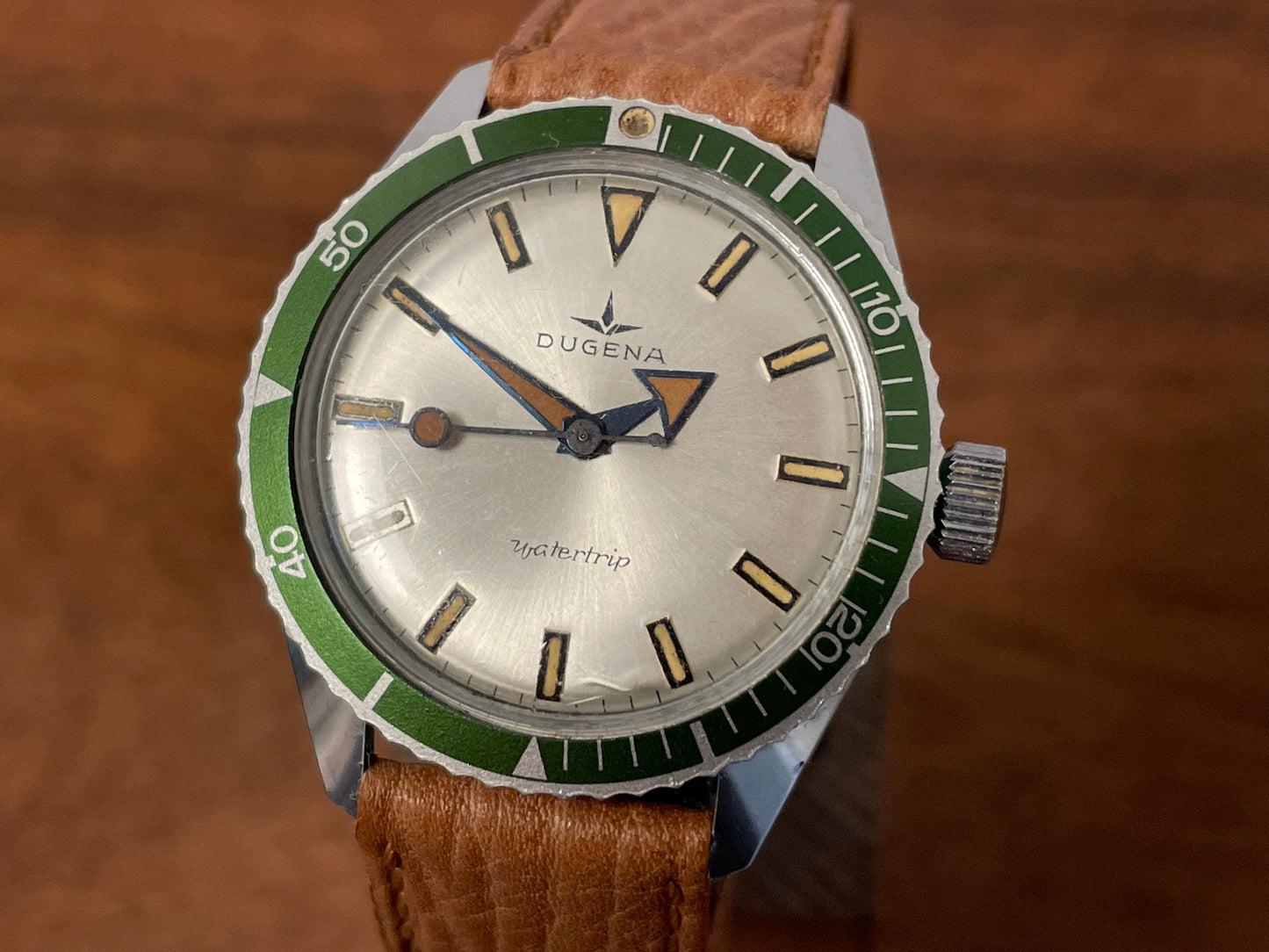 (1970s) Dugena Watertrip "Kermit" diver - green bezel - silver sunburst dial