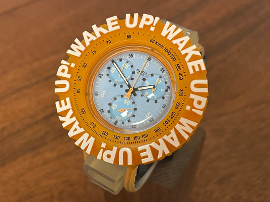 (1997) vintage Swatch SBZ104PACK Aqua Chrono "Wake Up" by Spike Lee (NOS) front view
