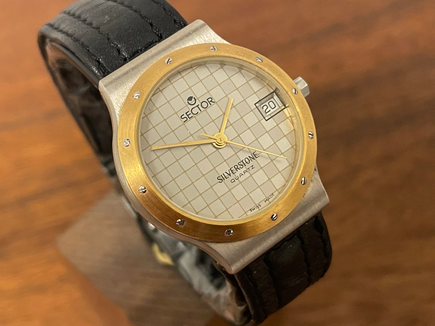 (1990s) Sector Silverstone - silver checkered dial w/ date - small size (NOS)