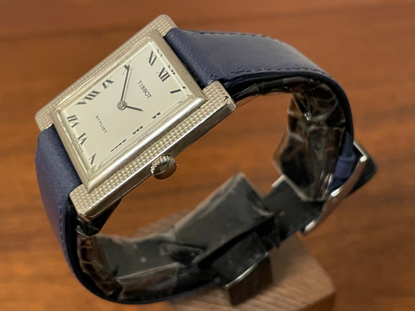 (1970s) Tissot Stylist "Tank" - decorated case - white dial w/ black Roman numerals (NOS)