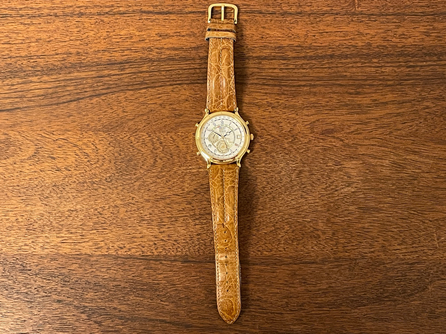 (1994) Seiko 6m13-0010 Age of Discovery (AOD) Perpetual Calendar - gold colored case - white dial w/ black Roman numerals