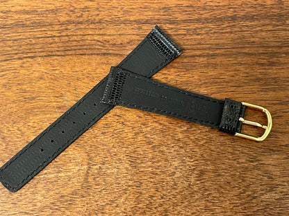 20mm Seiko black Lizzard print calf leather w/ gold buckle - vintage (NOS)