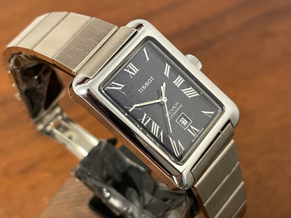 (1970s) Tissot Seven automatic "Tank" on bracelet - lavender abstract graphic dial w/ white Roman numerals (NOS)