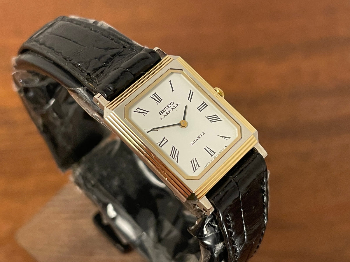 (1981) Seiko 6730-5079 Lassale ultra-thin "Tank" dress watch - white dial w/ black Roman numerals - small size (NOS)