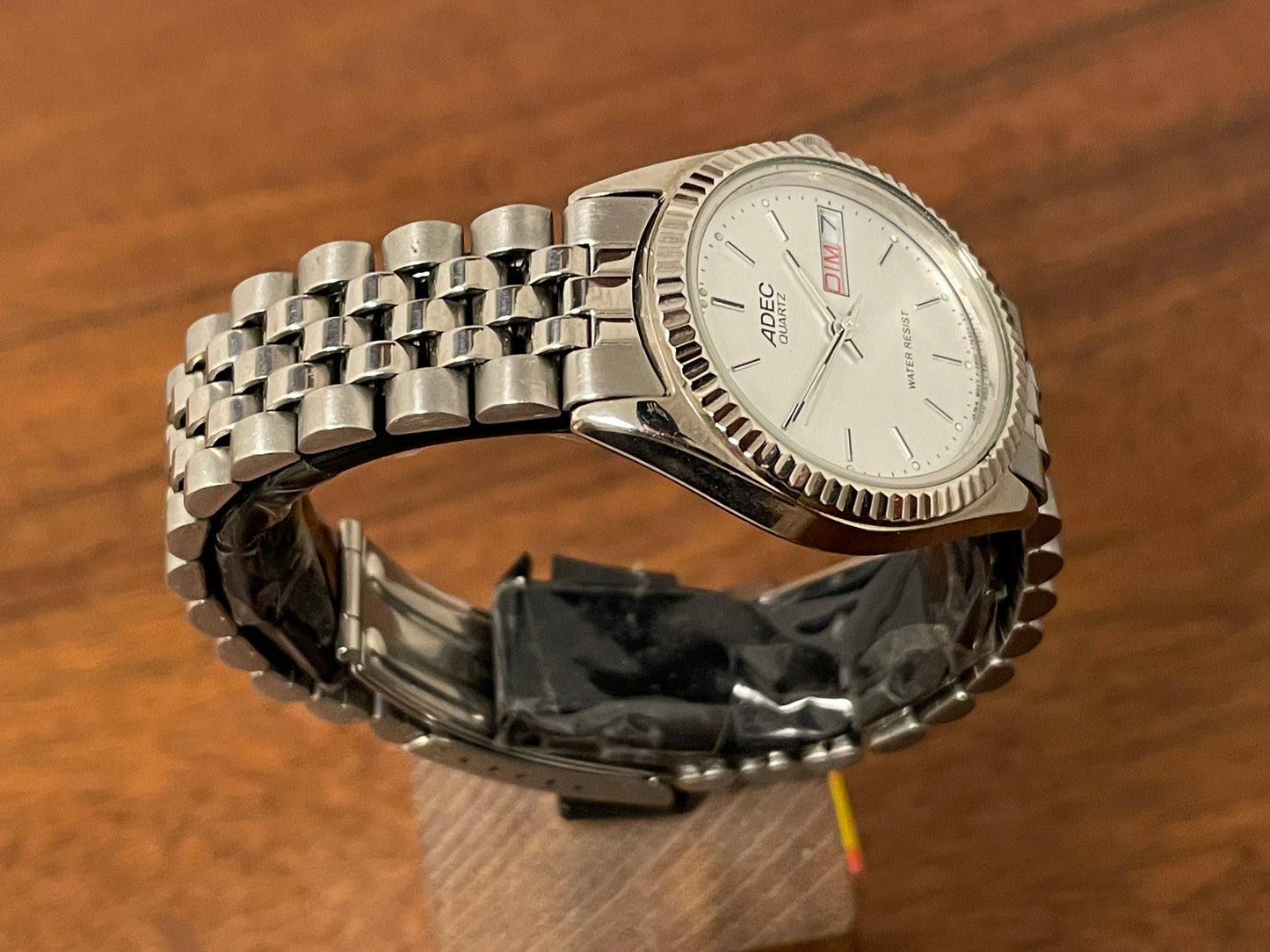 (1980) ADEC (by Citizen) "Day-Date" - fluted bezel - silver dial w/ stick markers - small size (NOS)