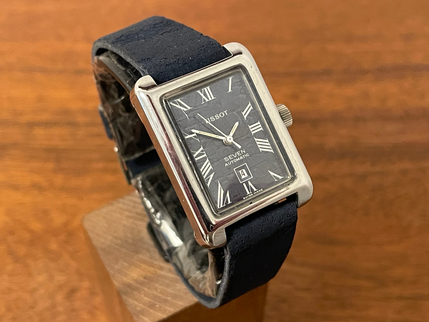 (1970s) Tissot Seven automatic "Tank" - lavender abstract graphic dial w/ white Roman numerals (NOS)