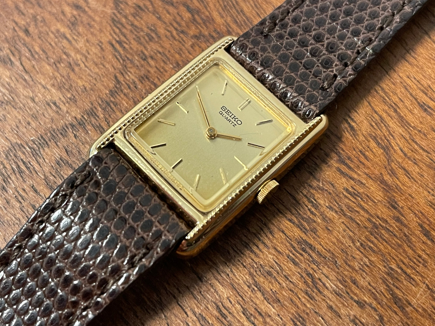 (1982) Seiko 5420-5100 "Tank" dress watch - brushed gold dial w/ gold markers - small size (NOS)
