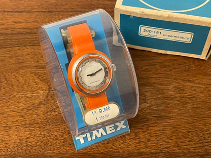 (1970s) Timex 290-181 UFO - orange plastic case - white dial w/ silver markers - small size (NOS + full set)