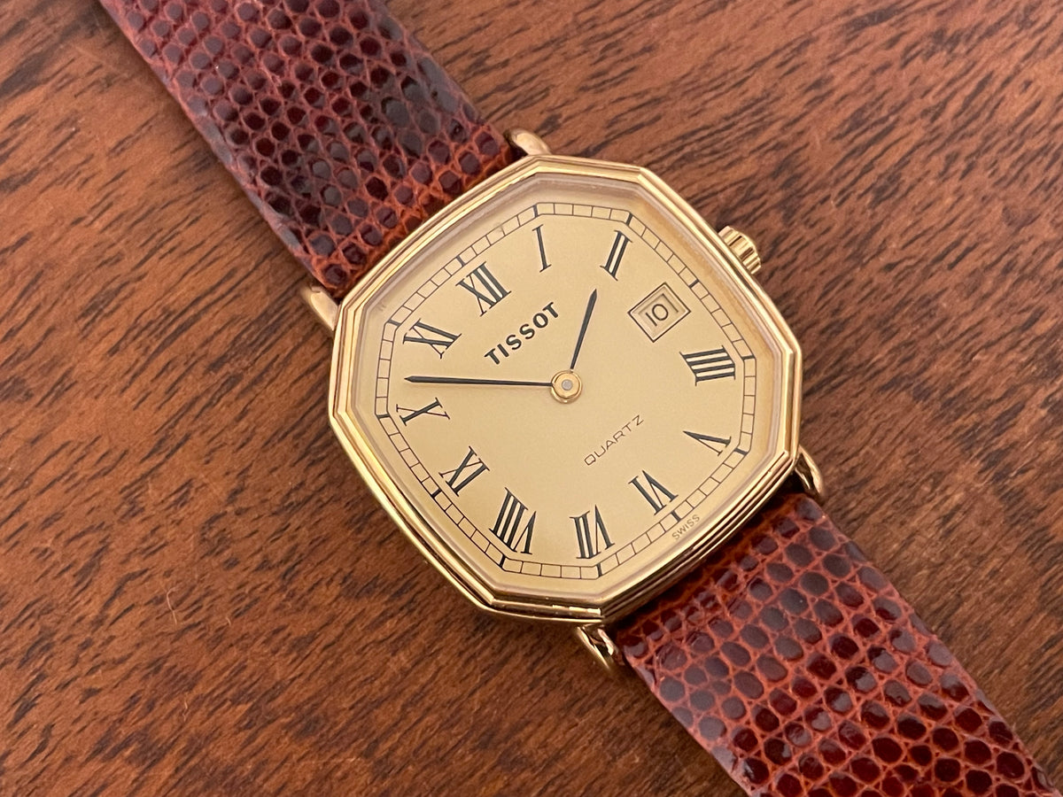 (1980s) Tissot 642.40343/2 Stylist dress watch - gold octagon case - gold dial w/ Roman numerals (NOS)