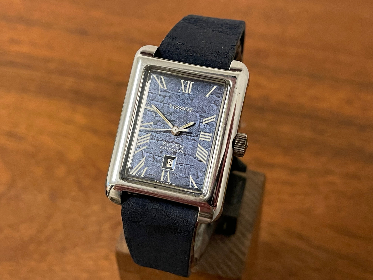 Front side (1970s) Tissot Seven automatic "Tank" - lavender abstract graphic dial w/ white Roman numerals (NOS)