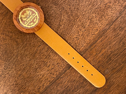 (1990s) Tissot WoodWatch W195 - Mediterranean Briar case & dial w/ gold colored inlay - forest cabin (NOS)