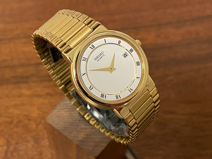 (1992) Seiko 5Y89-7A10 dress watch – white dial w/ Roman numerals & date (NOS)