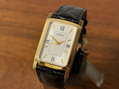 (1990s) Seiko 7N01-0BA8 18K gold collection "tank" - 18k solid gold case - white & cream dial (NOS + full set)