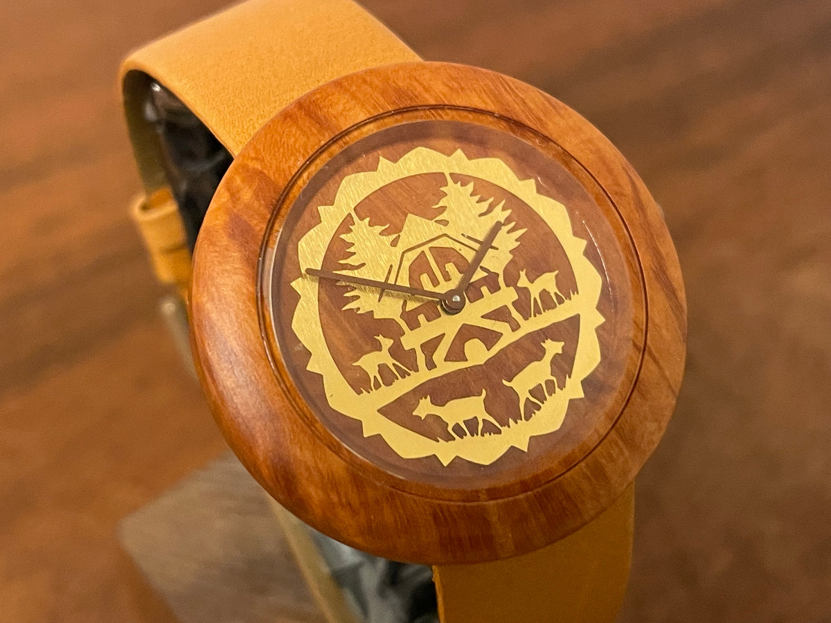 (1990s) Tissot WoodWatch W195 - Mediterranean Briar case & dial w/ gold colored inlay - forest cabin (NOS)