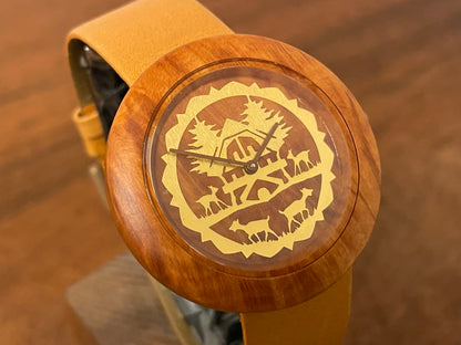 (1990s) Tissot WoodWatch W195 - Mediterranean Briar case & dial w/ gold colored inlay - forest cabin (NOS)