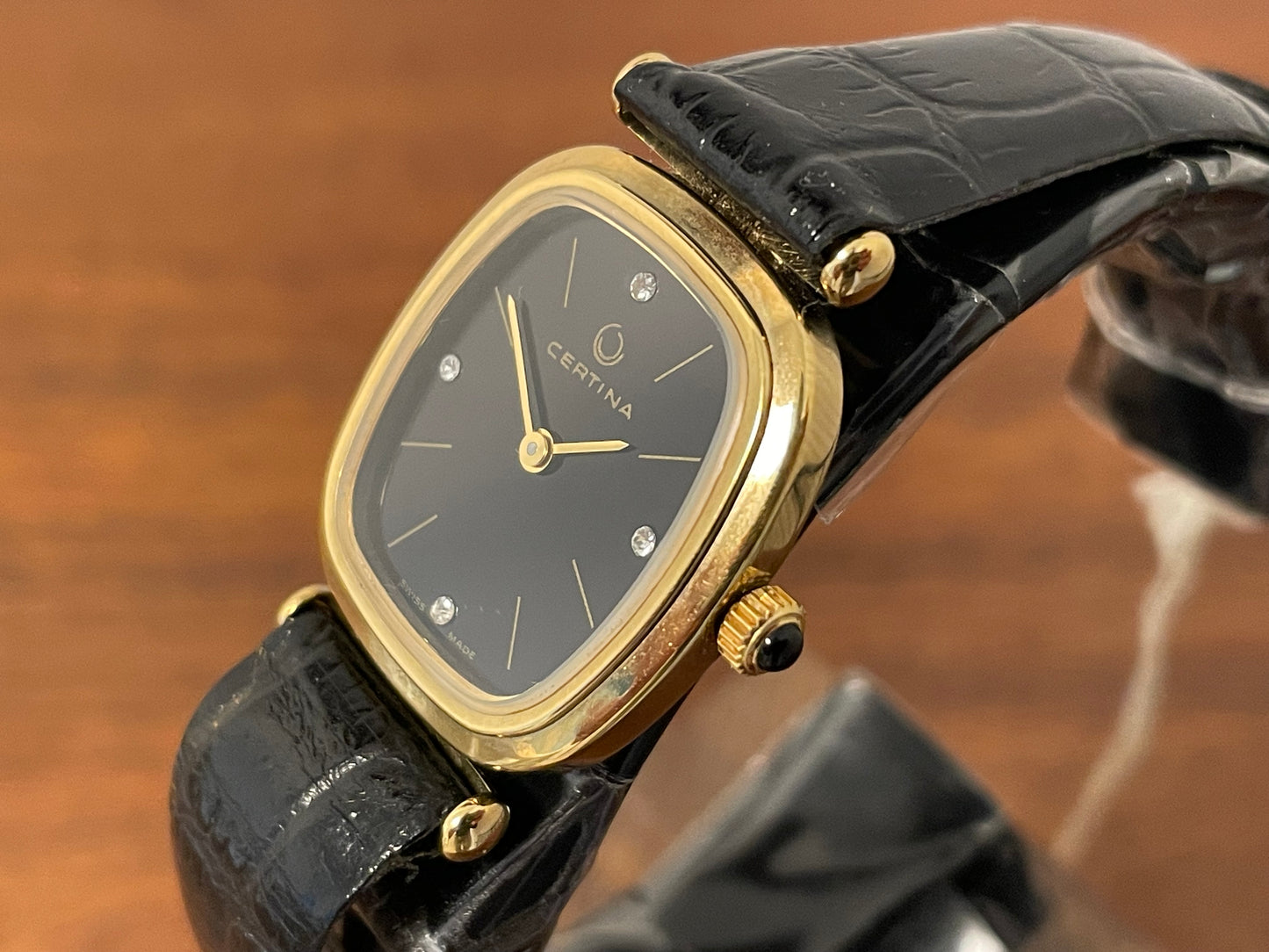 (1970s) Certina 706SP dress watch - gold plated case - black dial w/ diamond markers - small size (NOS)