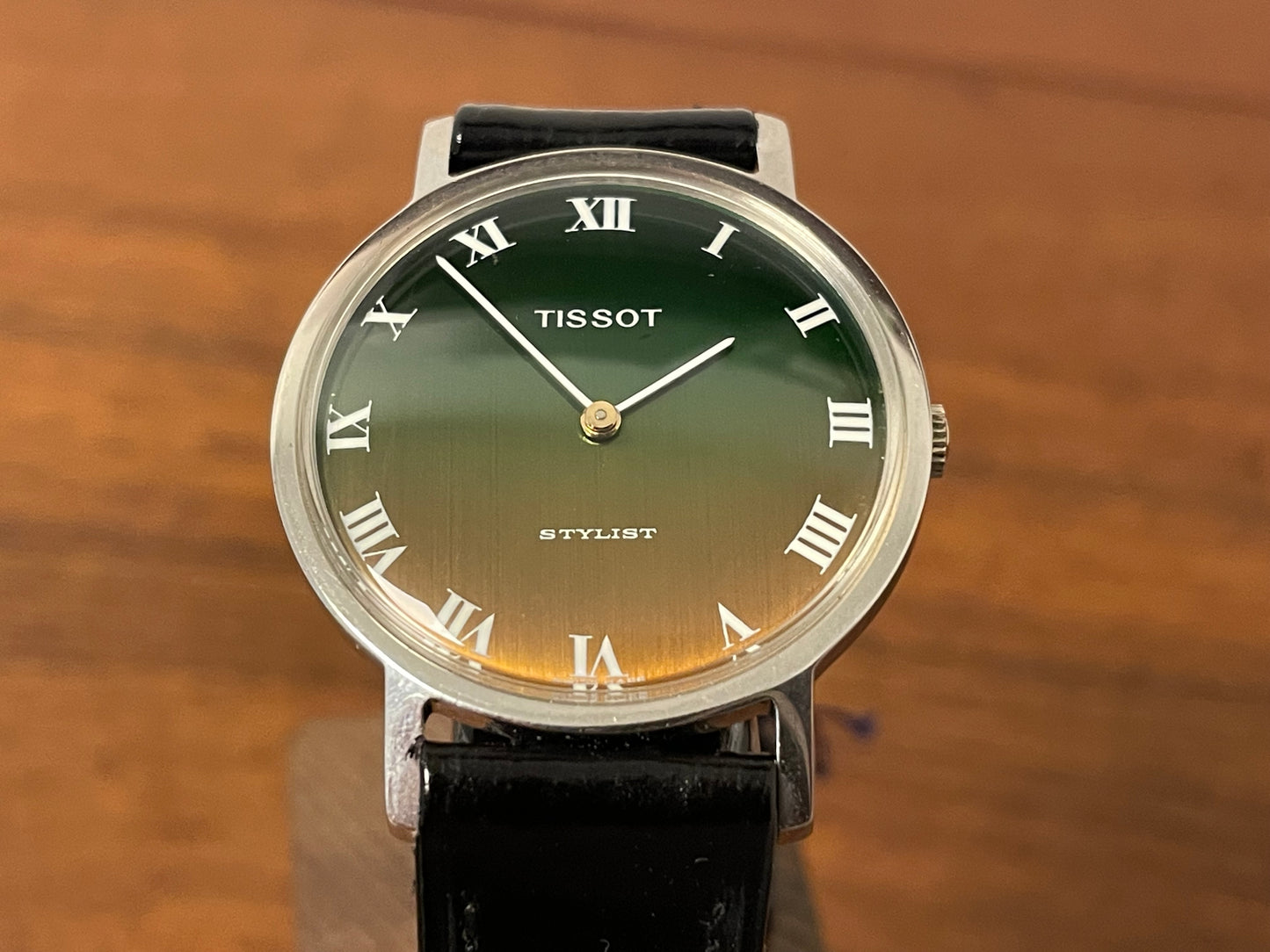 (1970s) Tissot 41070 Stylist dress watch - silver case - brushed green/orange gradient dial w/ white Roman numerals (NOS)