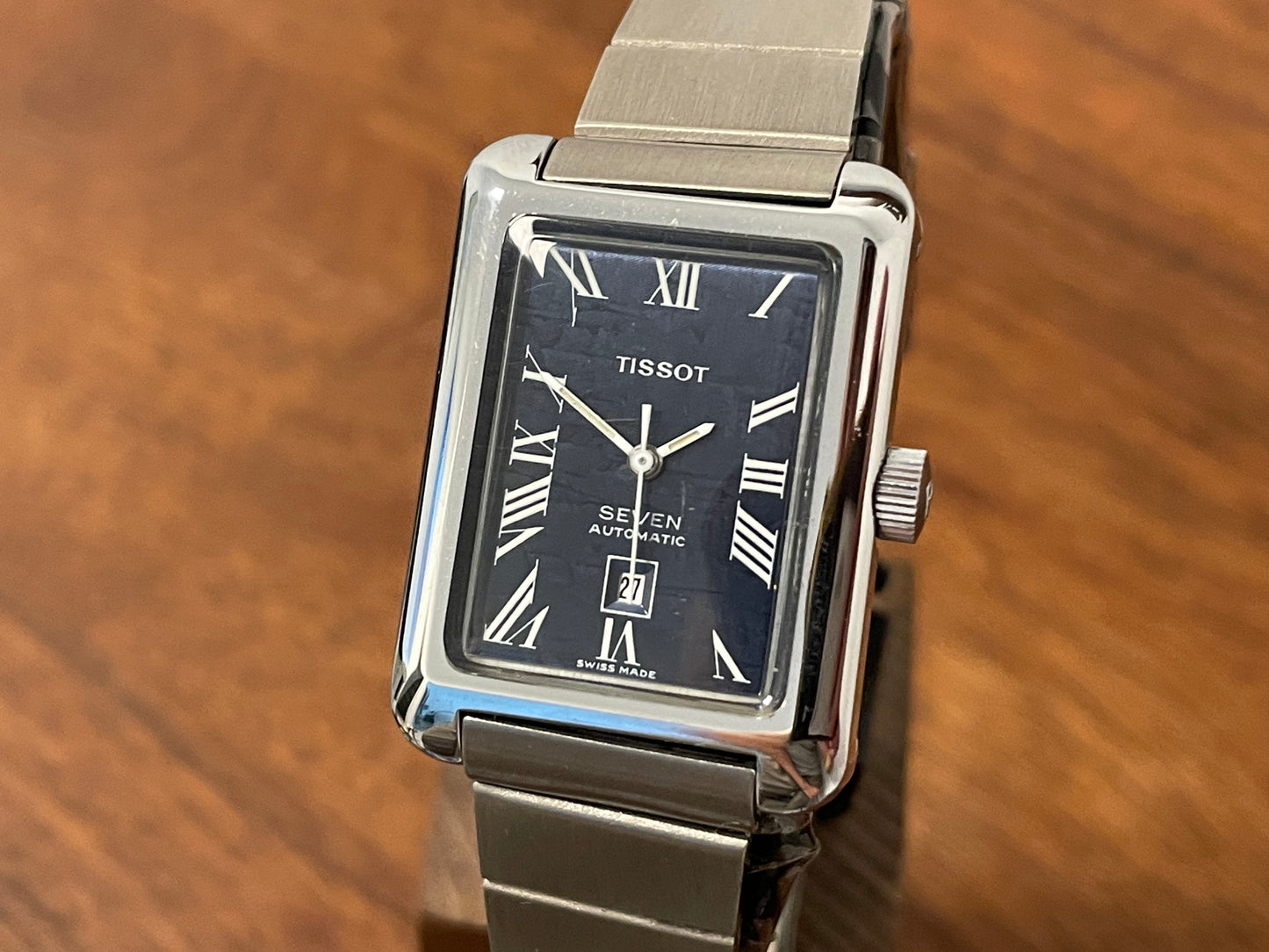 (1970s) Tissot Seven automatic "Tank" on bracelet - lavender abstract graphic dial w/ white Roman numerals (NOS)
