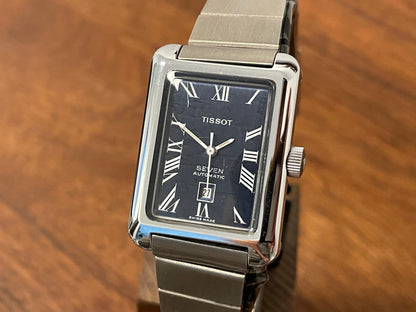 (1970s) Tissot Seven automatic "Tank" on bracelet - lavender abstract graphic dial w/ white Roman numerals (NOS)