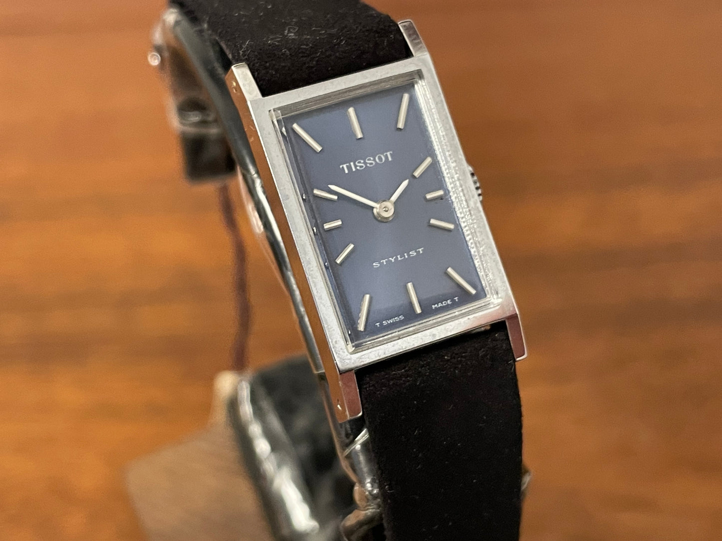 (1970s) Tissot 10676 Stylist “Tank” dress watch - blue sunburst dial w/ silver stick markers - small size (NOS)