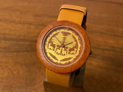 Front side Tissot WoodWatch W195 - Mediterranean Briar case & dial w/ gold colored inlay (NOS)