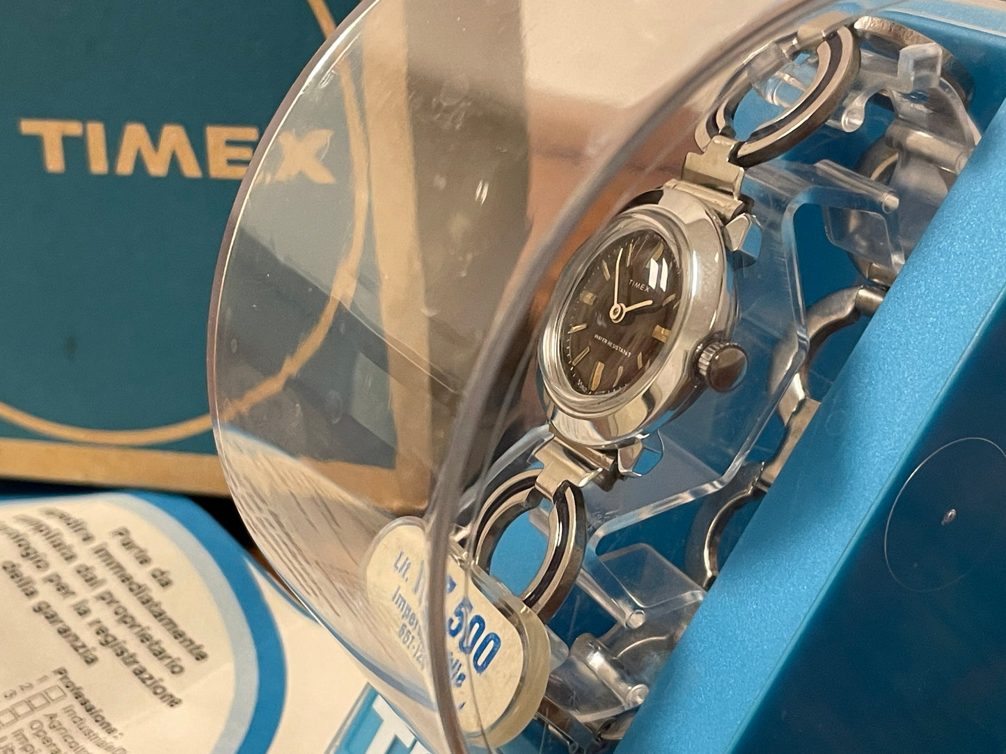 (1970s) Timex 551-125 dress watch - silver case - brown dial w/ silver markers - small size (NOS + full set)