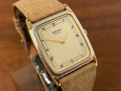 (1995) Seiko 5P30-5020 quartz "Tank" dress watch - bi-color case - beige dial w/ Roman numerals (NOS)
