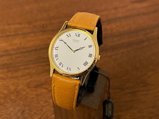 Front view Seiko 5Y30-7A71 dress watch - white dial w/ Roman numerals & Breguet hands