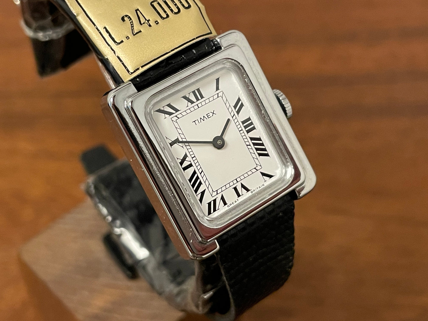 (1970s) Timex "Tank" dress watch - silver case - white dial w/ Roman numerals - small size (NOS)