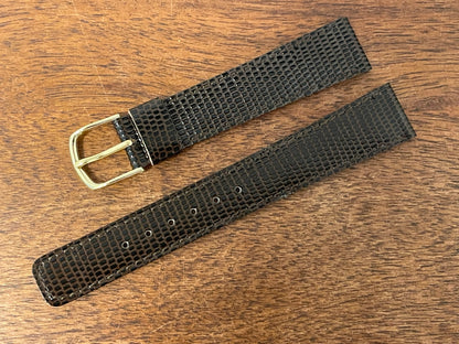 Front side 17mm Seiko brown Lizzard print calf leather w/ gold buckle - vintage (NOS)