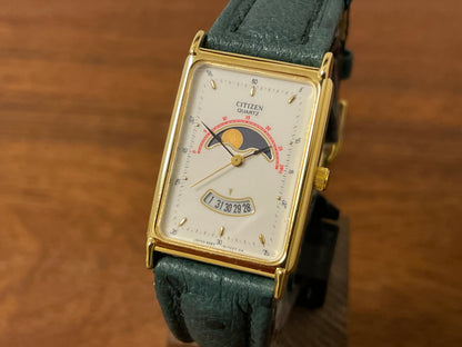 (1990) Citizen 6085-Y56376 “Tank” - white dial w/ moonphase & gold stick markers (mint)