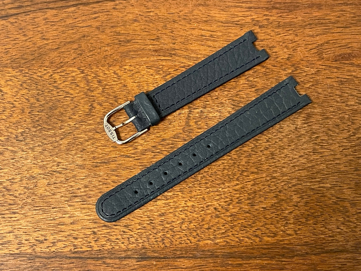 Front side 16mm Tissot Rockwatch R150 dark blue leather strap (NOS)