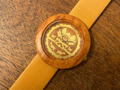 (1990s) Tissot WoodWatch W195 - Mediterranean Briar case & dial w/ gold colored inlay - forest cabin (NOS)