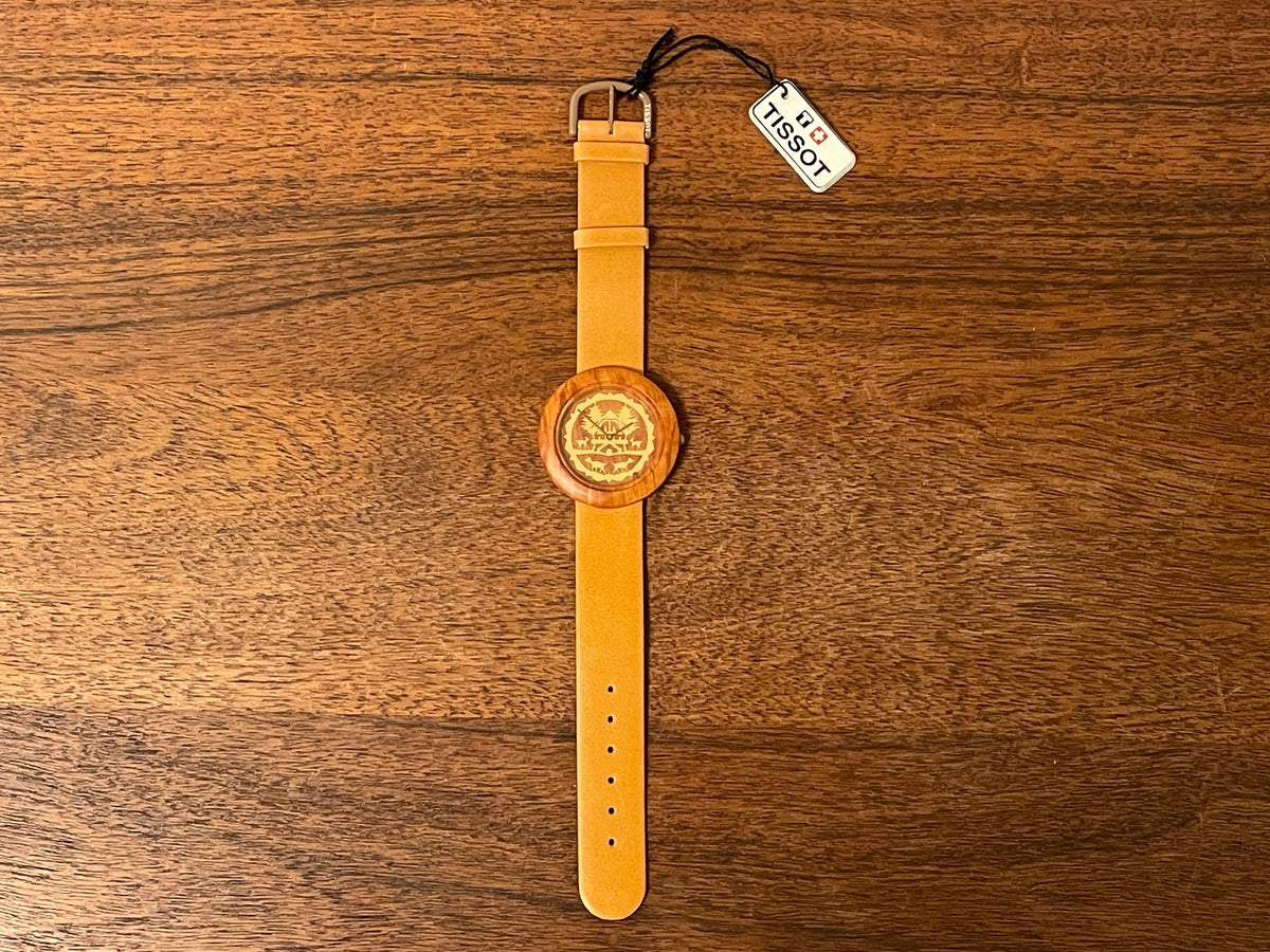 (1990s) Tissot WoodWatch W195 - Mediterranean Briar case & dial w/ gold colored inlay - forest cabin (NOS)