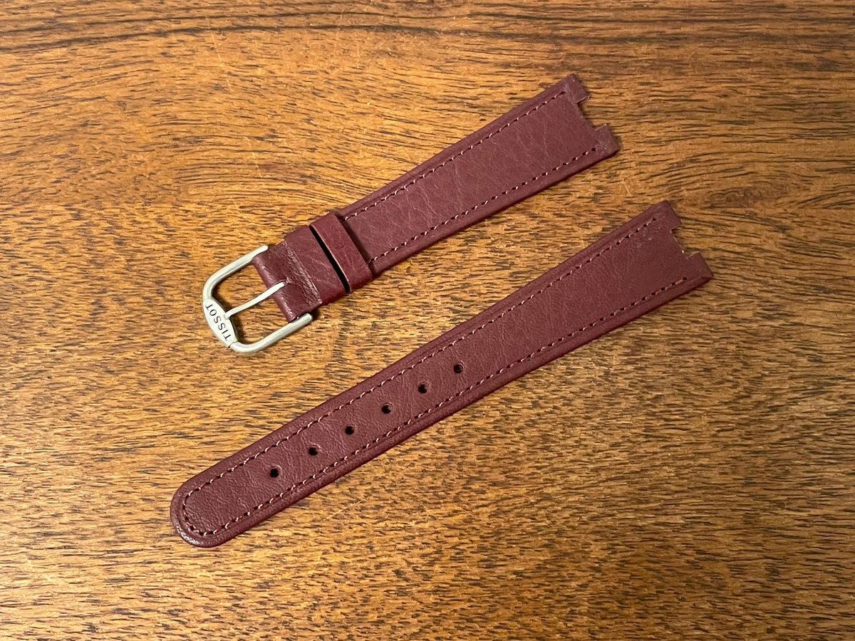 Front side 18mm Tissot Rockwatch R151 Bordeaux leather strap (NOS)