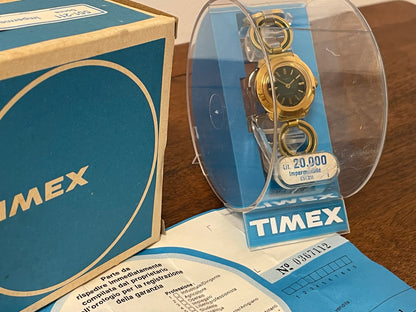 (1970s) Timex 551-211 dress watch - gold case - green dial w/ gold markers - small size (NOS + full set)