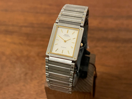 Front side (1982) Seiko 6730-5269 Lassale ultra-thin "Tank" dress watch - bi-color integrated bracelet & case - silver dial w/ gold stick markers - small size (NOS)