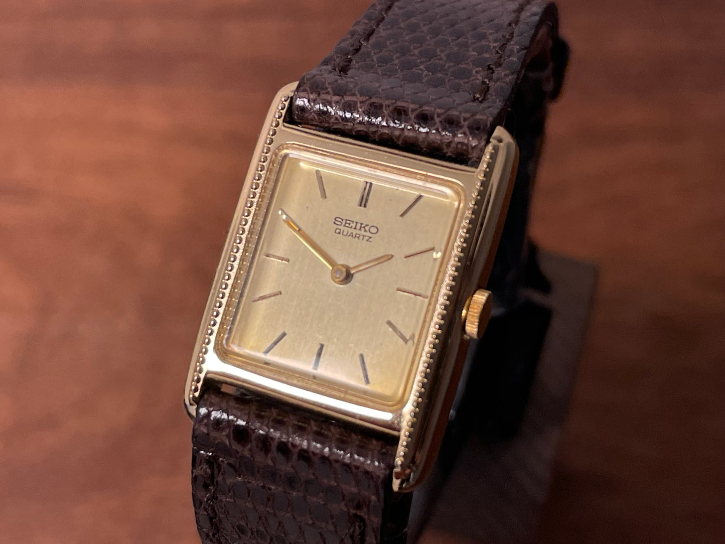 (1982) Seiko 5420-5100 "Tank" dress watch - brushed gold dial w/ gold markers - small size (NOS)