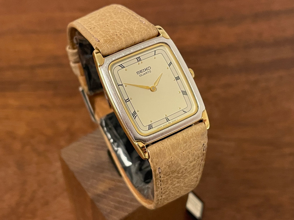 (1995) Seiko 5P30-5020 quartz "Tank" dress watch - bi-color case - beige dial w/ Roman numerals (NOS)